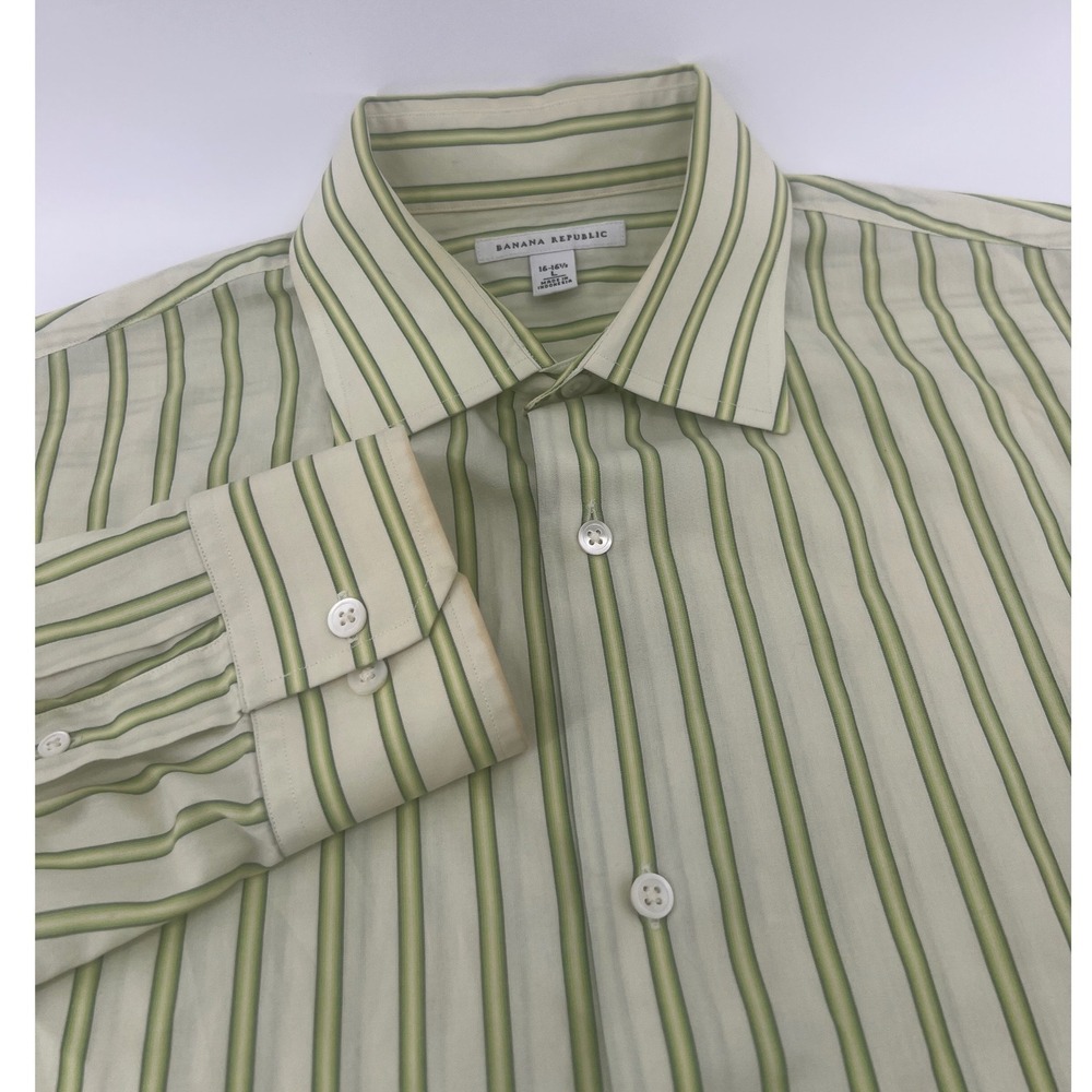 Banana Republic Mens L Green Striped Long Sleeve Button Down Dress Shirt